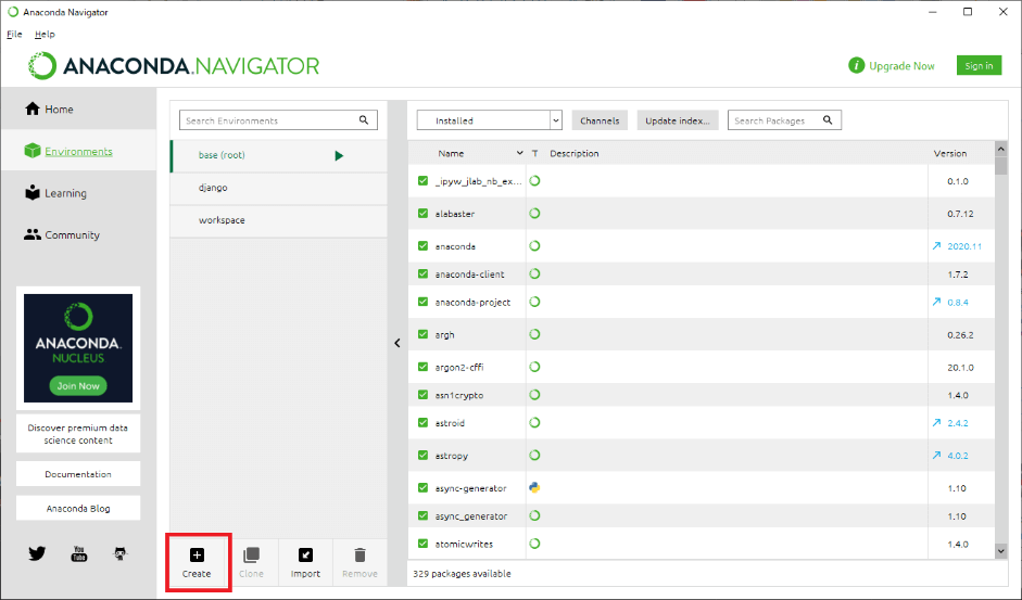 python Anaconda Navigator create